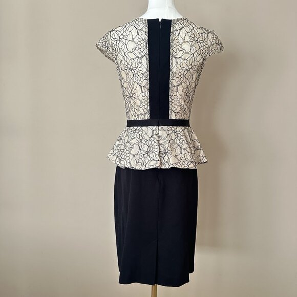 Antonio Melani $169 Lace Dress Women 4 Black Beige Career Peplum Mother of Bride - Picture 4 of 9